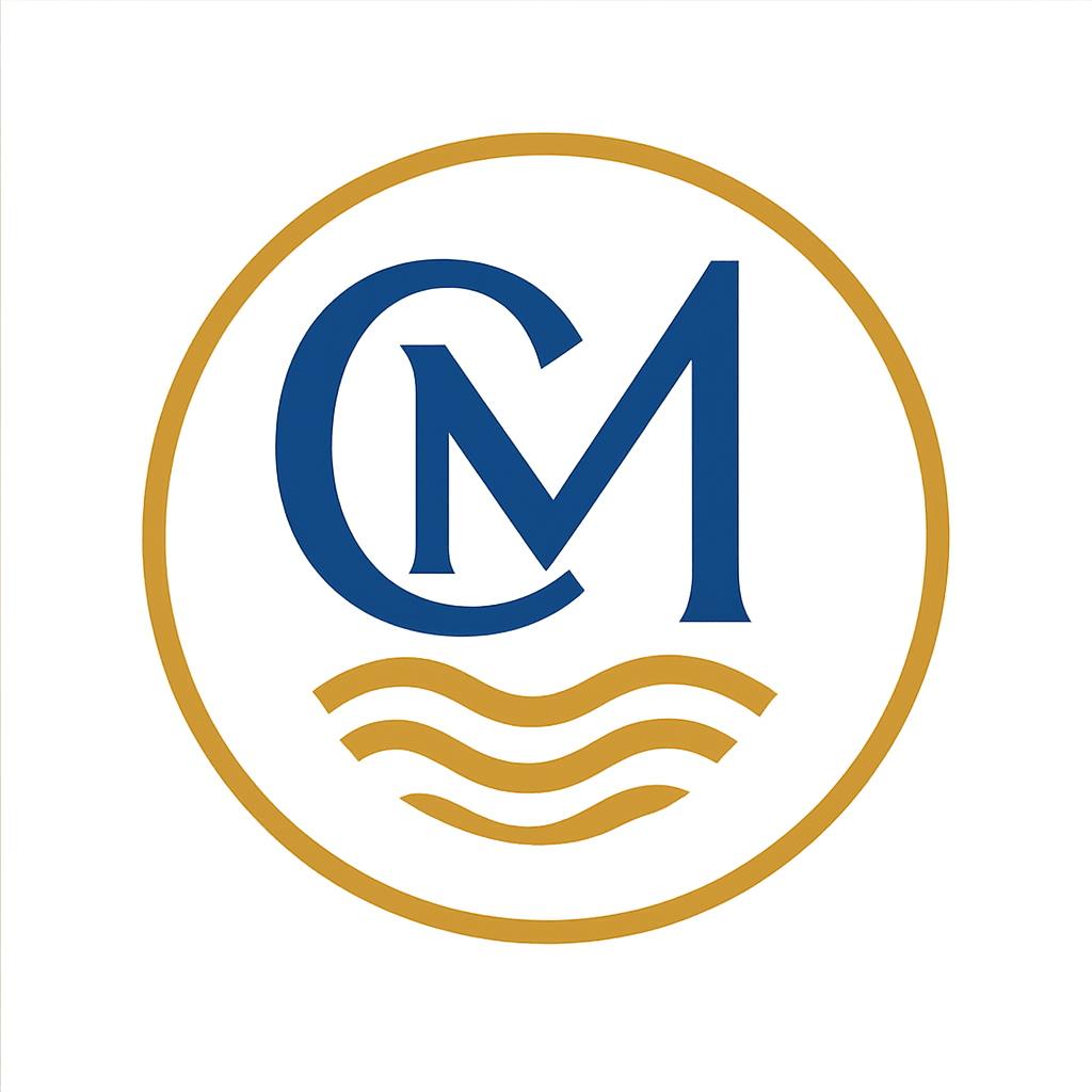 Logo CM avec vagues dorées, symbolisant Mogacode, développement web à Essaouira