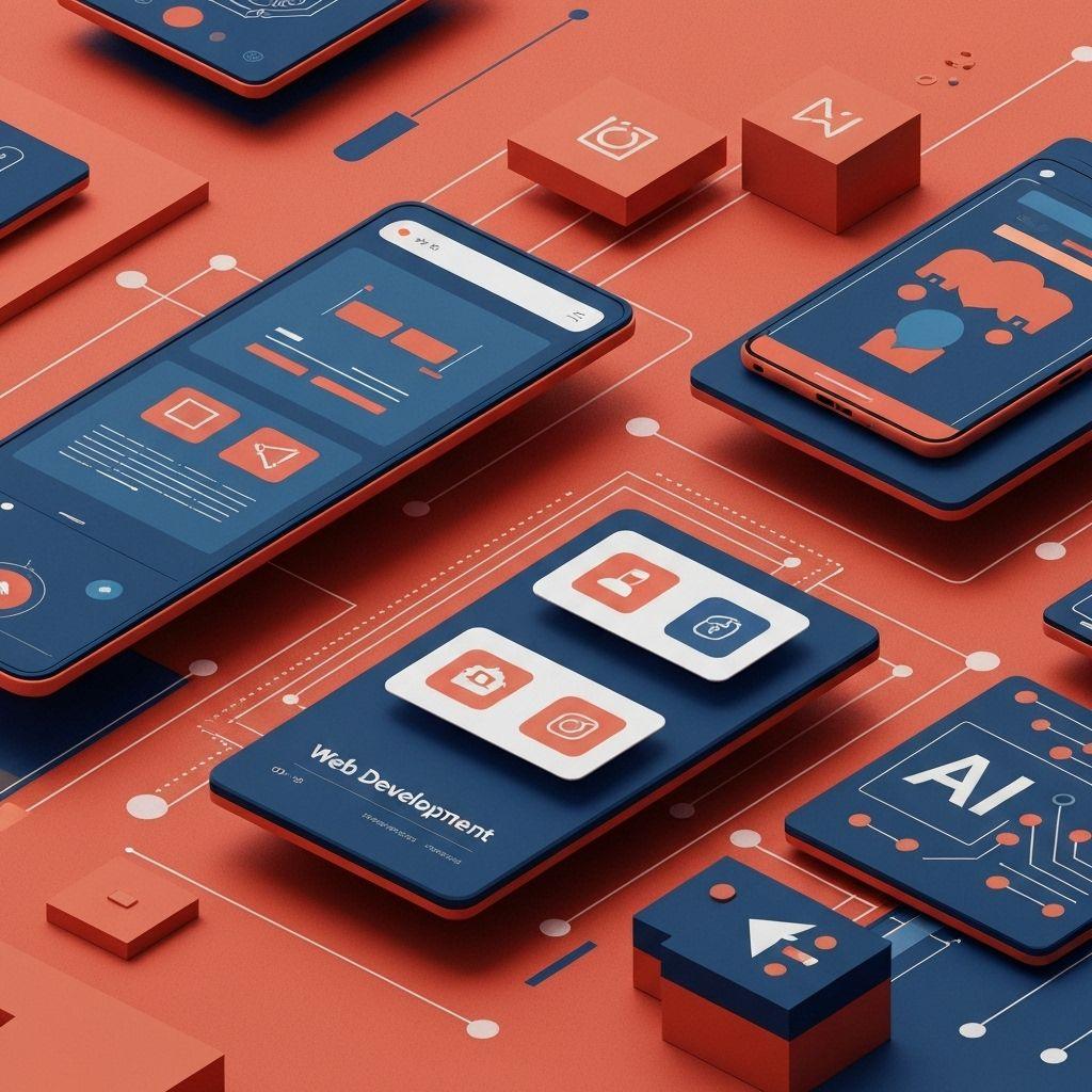 Smartphones et icônes numériques sur fond orange, symbolisant le développement web et l'IA